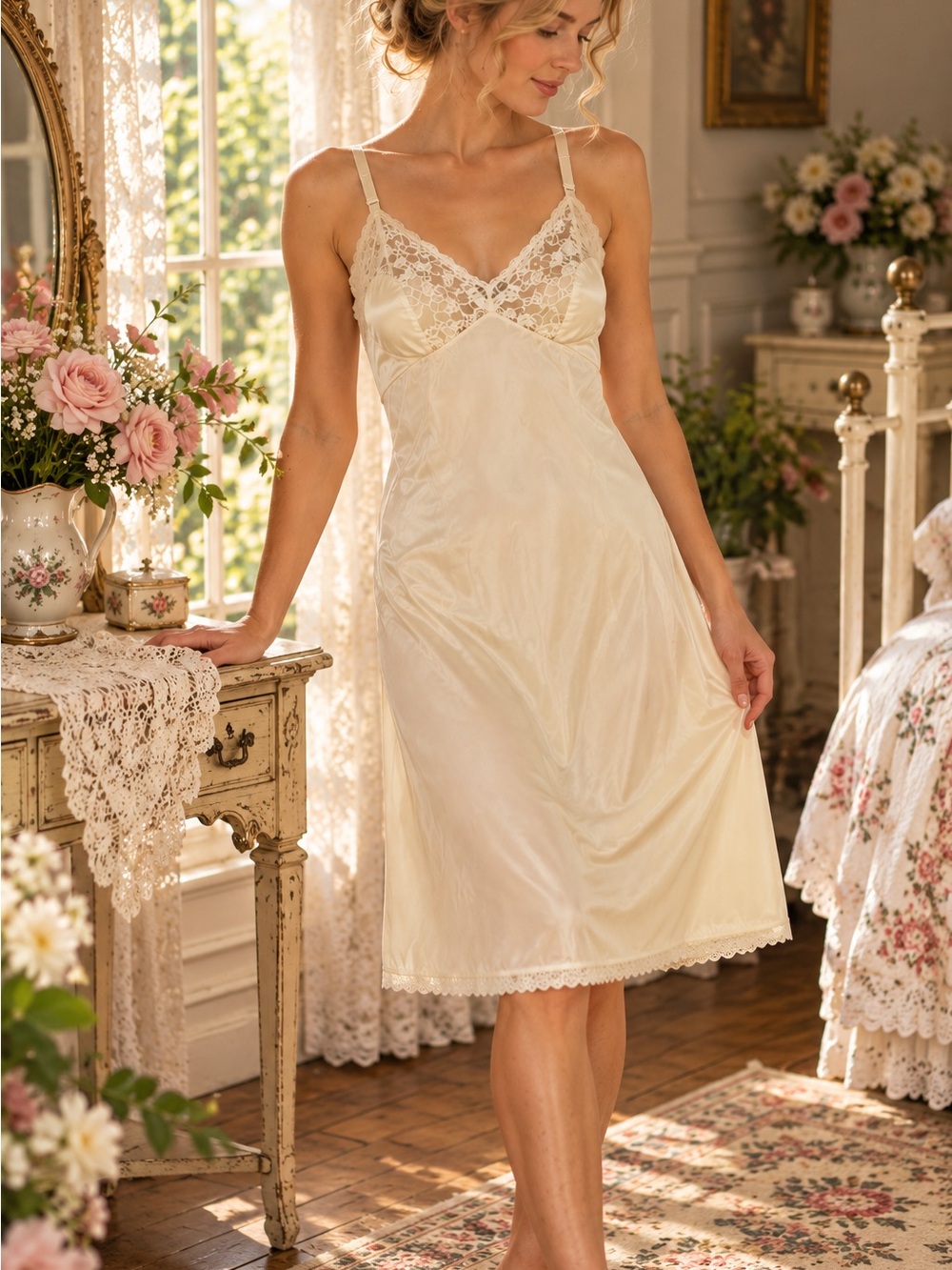 Vintage Vanity Fair Cream Full Slip Size 32 Antron III Lace 36.5”